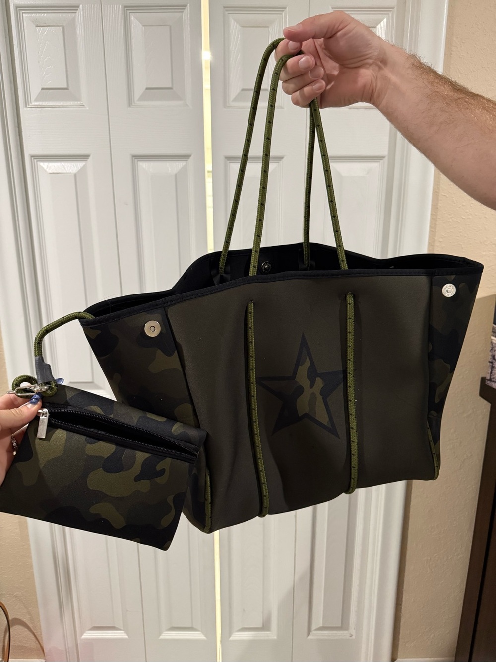 Olive Green Camouflage Neoprene Star Tote with Matching Pouch